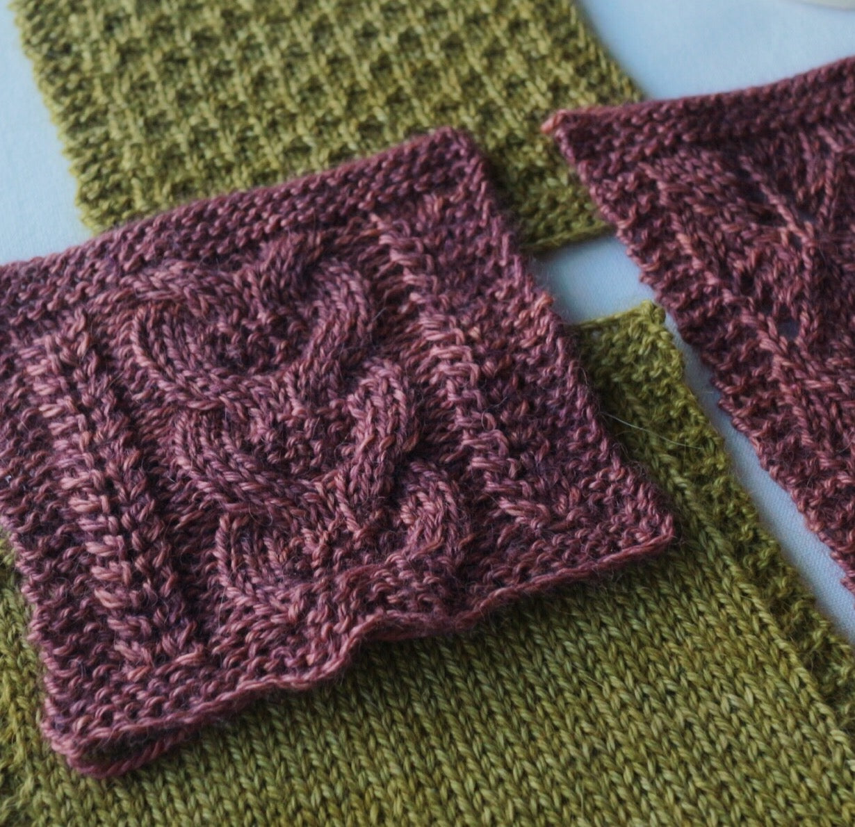 The Fibre Co. Road to China Light swatches in Peridot & Carnelian