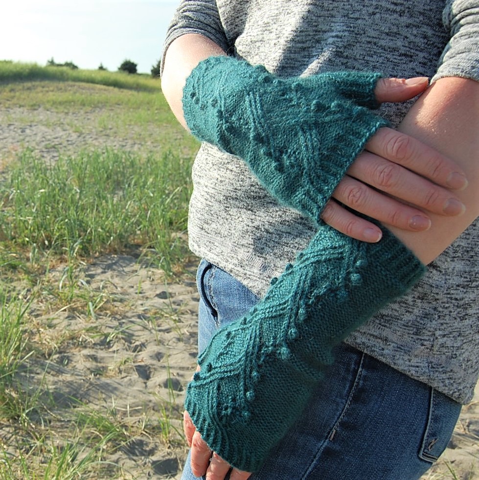 Cabled and Bobbled fingerless mitts knitting pattern by Janine McCarty
