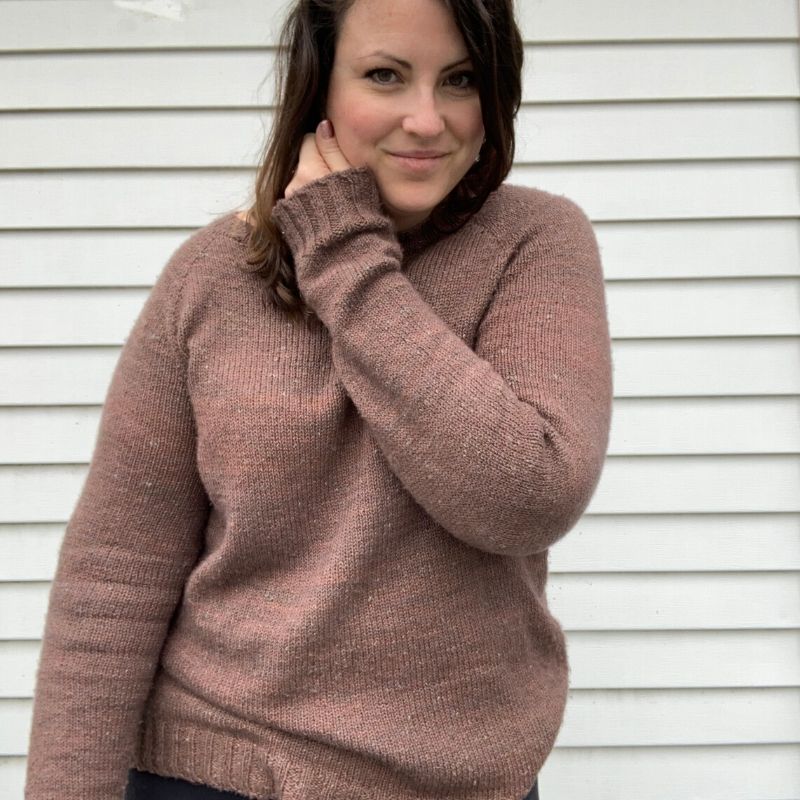 Jillena is wearing a clay hand-dyed raglan sweater